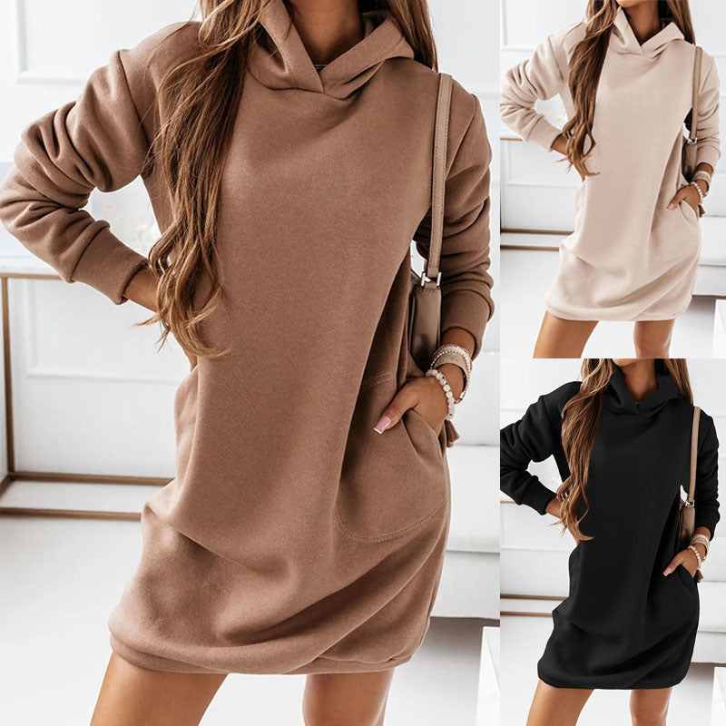 Autumn Winter New Women Clothing Hooded Hipster Long Sleeve Solid Color Women Dress Plus Size