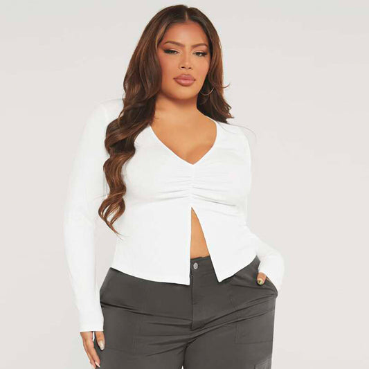 Plus Size Women Clothing Autumn Winter Slim Fit Slit Stretch Knitted Casual Long Sleeves T shirt Top