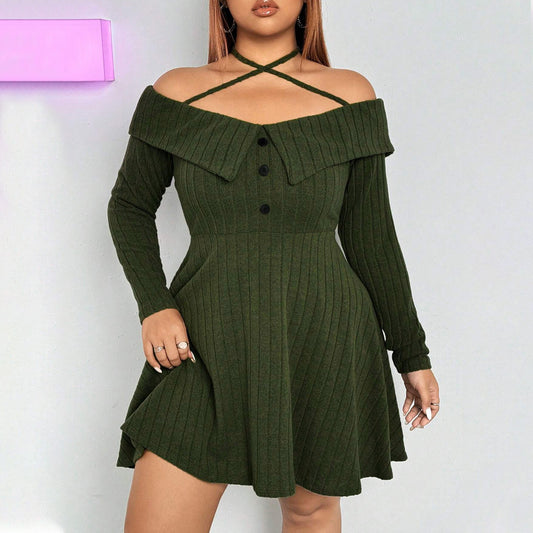 Plus Size Women Clothing Sexy Trendy Dress Autumn Winter Halter Off the Shoulder Design Short Dress