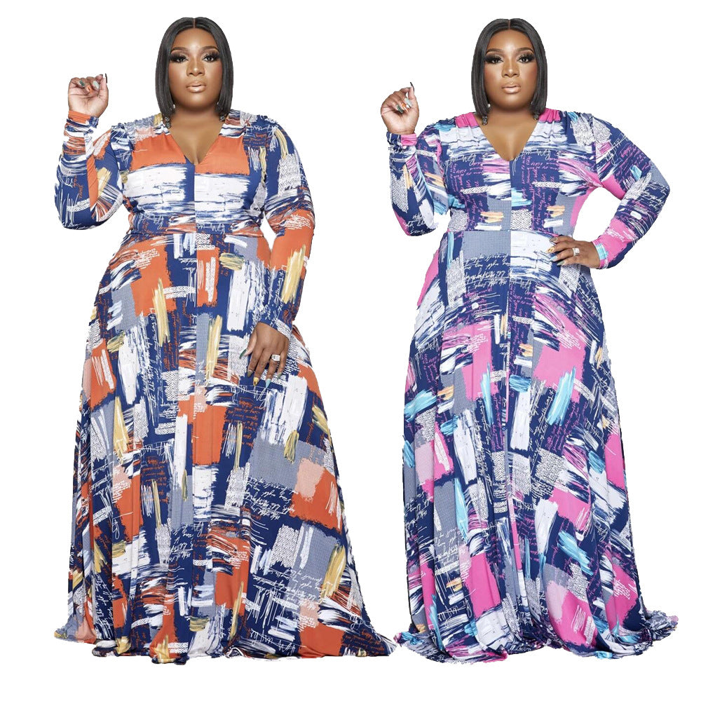 Plus Size Women Clothing Autumn Winter Irregular Asymmetric Color Printed Mop Hem Loose Women Dress