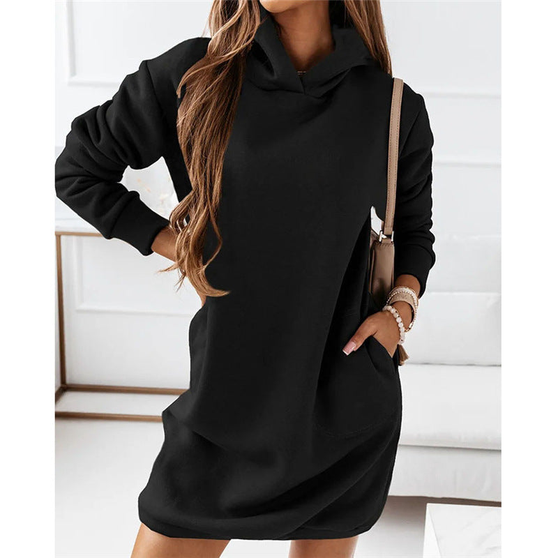 Autumn Winter New Women Clothing Hooded Hipster Long Sleeve Solid Color Women Dress Plus Size