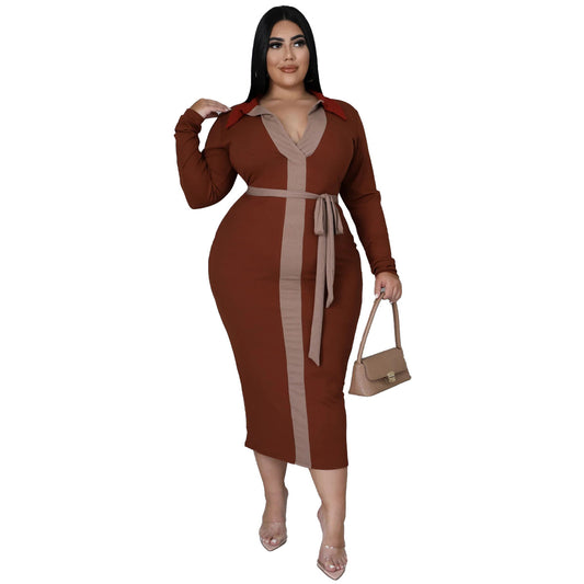 Plus Size Women Clothing Autumn Winter Multi-Color Mosaic Lace-up Elegant Sexy Dress for Women