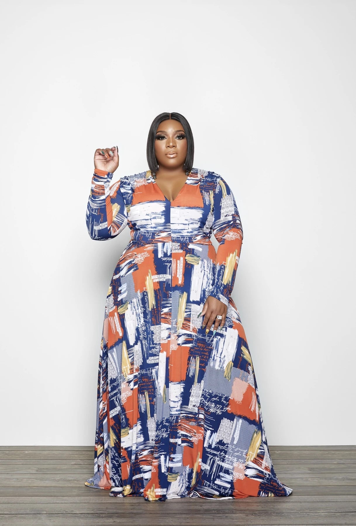 Plus Size Women Clothing Autumn Winter Irregular Asymmetric Color Printed Mop Hem Loose Women Dress